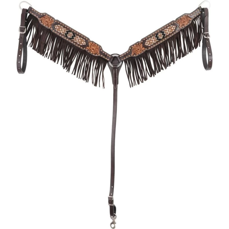 Western Rawhide Country Legend Bead Inlay Breastcollar - Brown Fringe