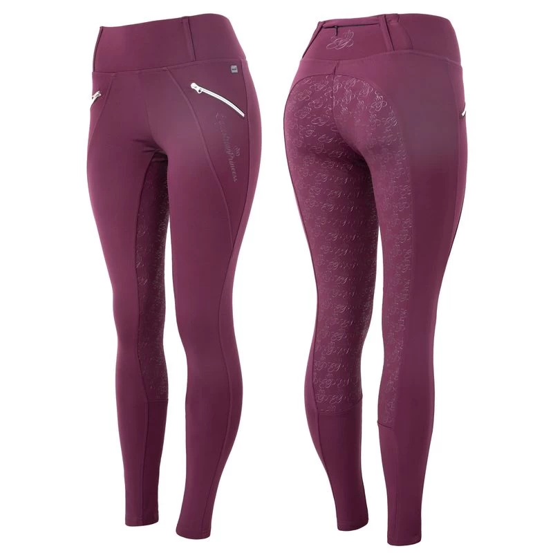 Horze Women's Enora Winter Full Seat Tights W/Shiny Zippers - Dark Red
