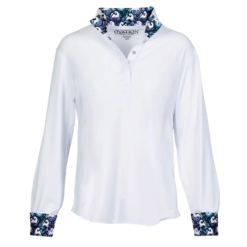 Ovation Kids' Ellie Quarter Snap Show Shirt - White/Blue Whims Horses